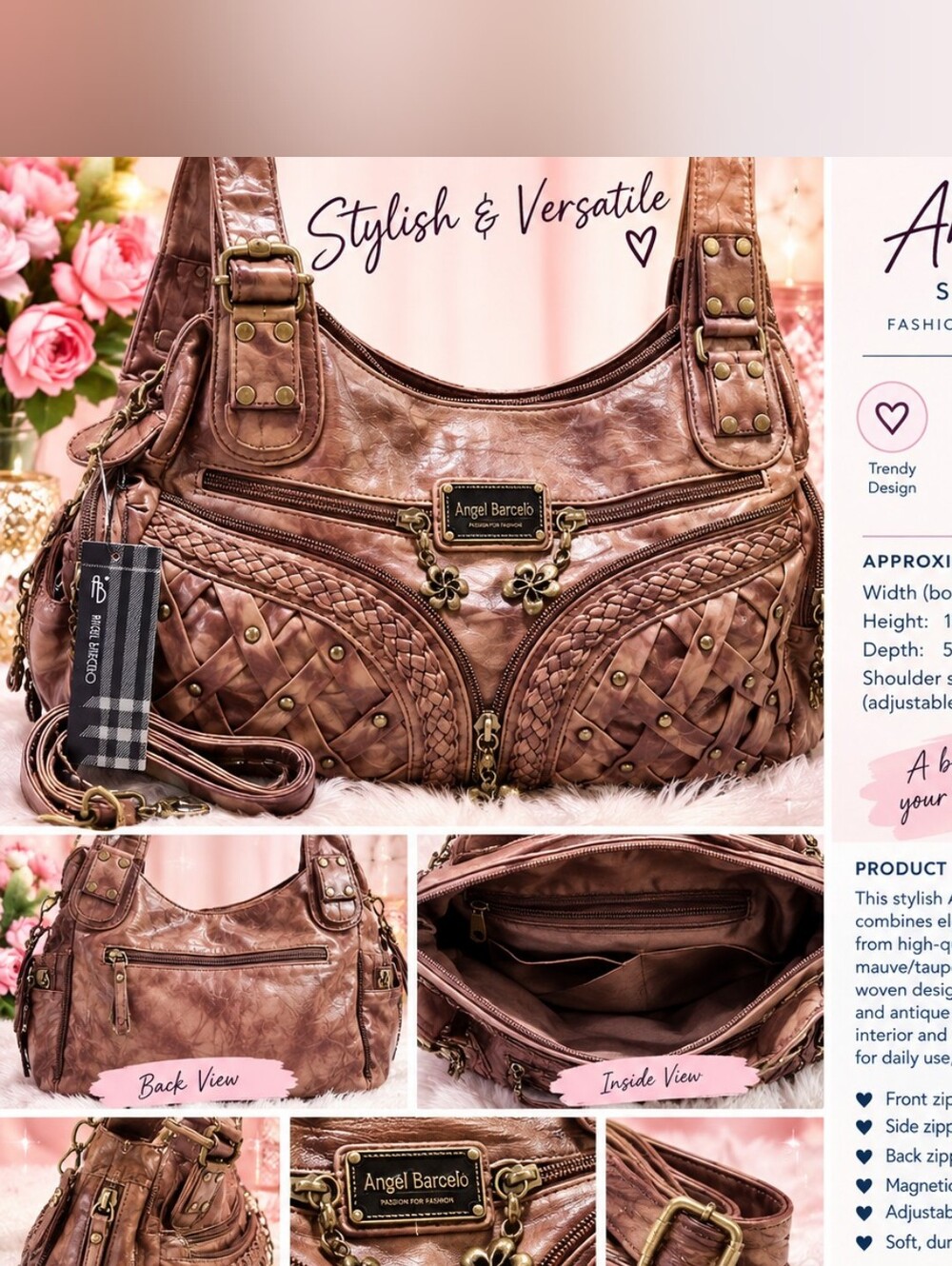 ANGEL BARCELO Women's Braided Detail Shoulder Bag in Mauve Taupe